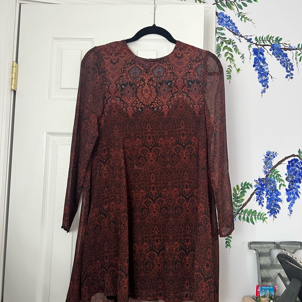 Urban Outfitters Burgundy Patterned Long Sleeve Dress
